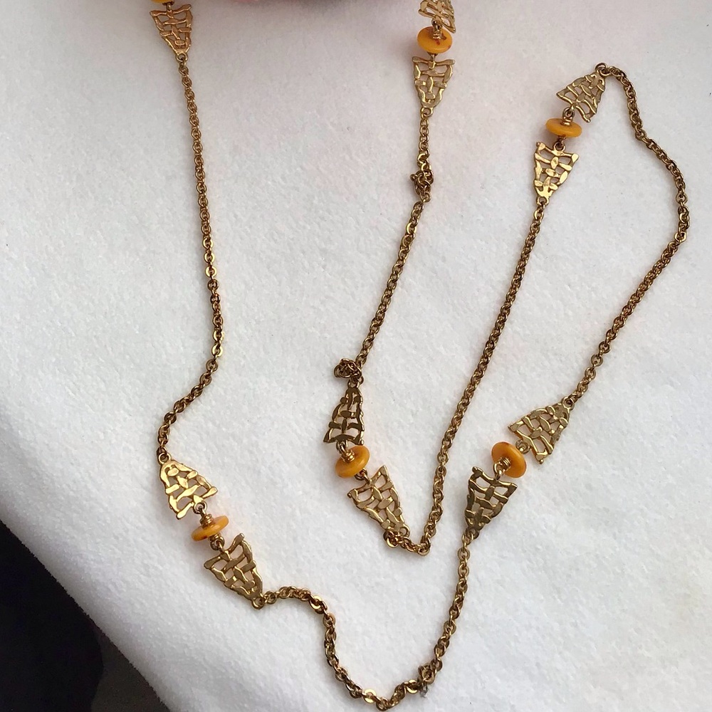 Vintage Gold & Orange Amber Bead Long Necklace